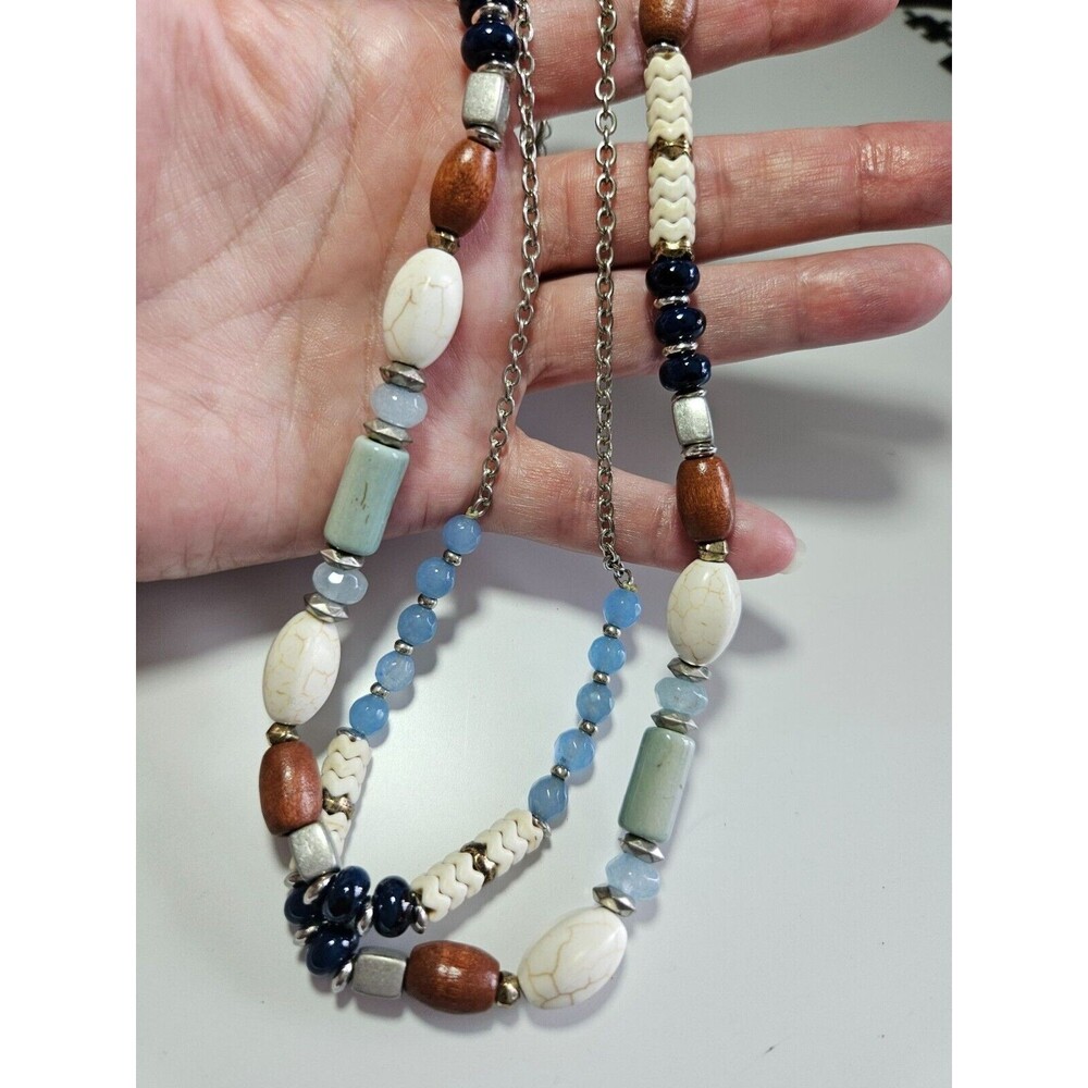 Long silver tone beaded necklace 32-35" blue brown cream